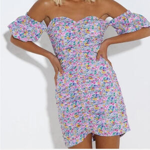 SNDYS Floral Ruched Off the Shoulder Bodycon Mini Dress Sz Large